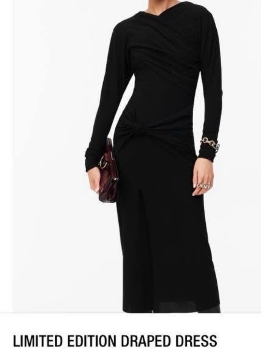 Zara Black Draped Long-Sleeve Twist Waist wool Dress